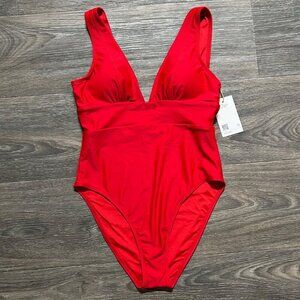 Quince Small Italian Plunge Wrap One Piece Swimsuit Red Bathing Suit Swim Wear